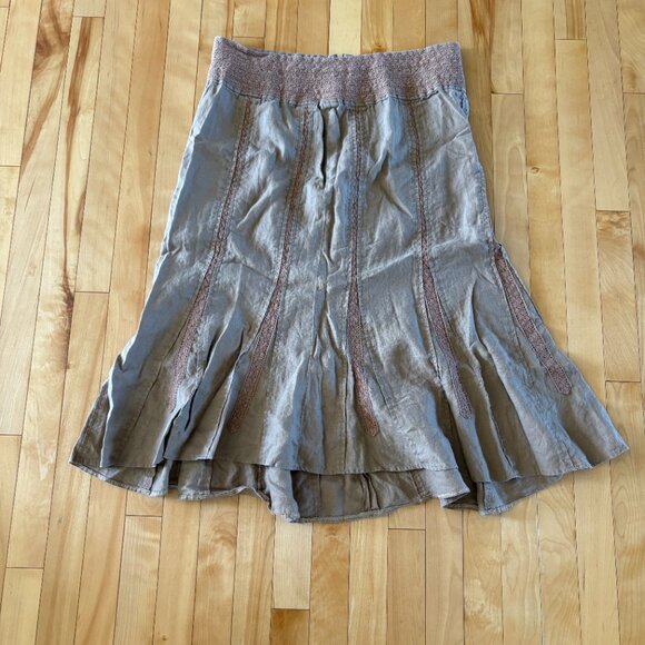 Vintage 90s Y2K Linen Embroidered Boho Midi Peasant Skirt Brown Western - Picture 6 of 13